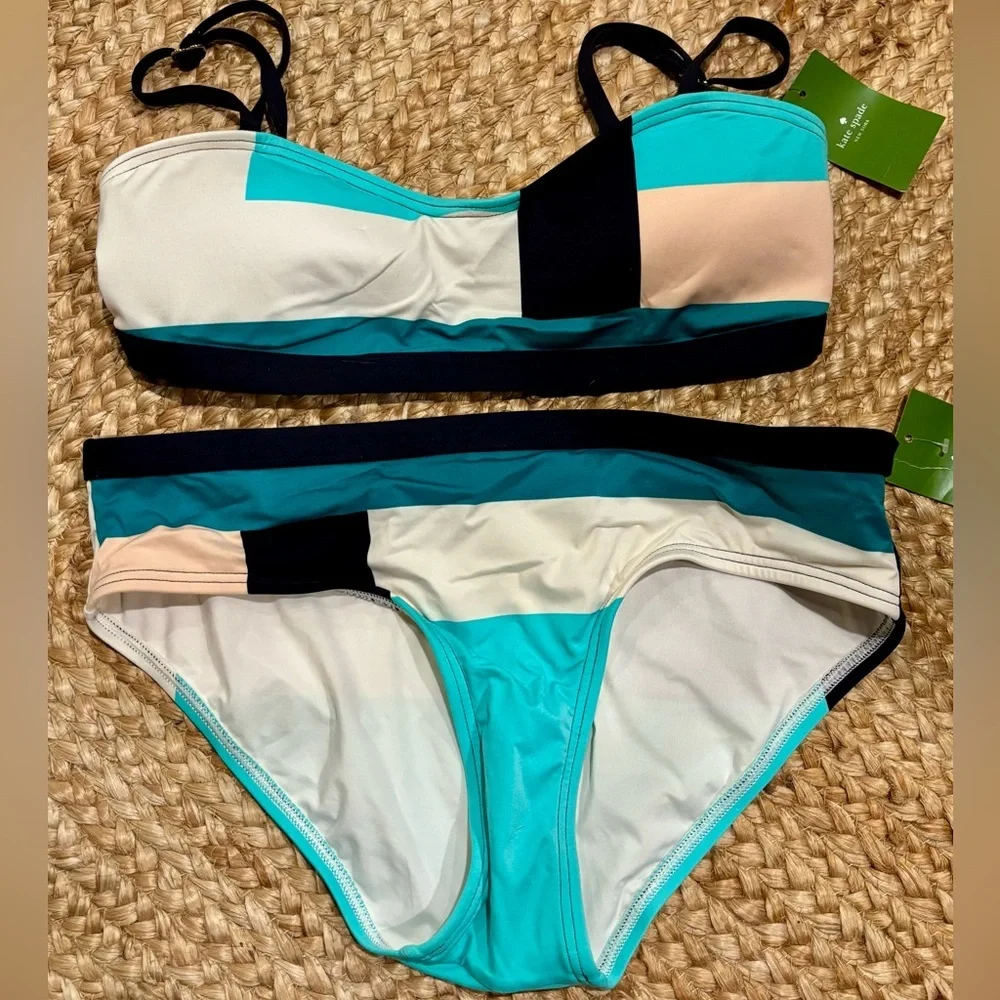 NWT Kate Spade Colorblock Bikini Set M Teal Beige